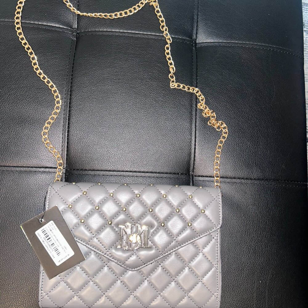 Badgley Mischka Quilted Gray Crossbody Bag with Gold Chain